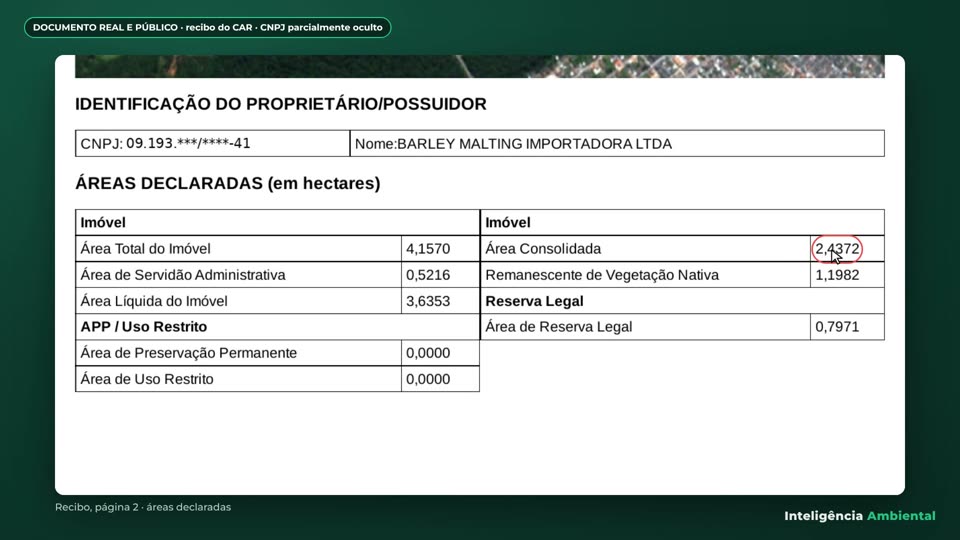 Recibo público do CAR com as áreas declaradas destacadas