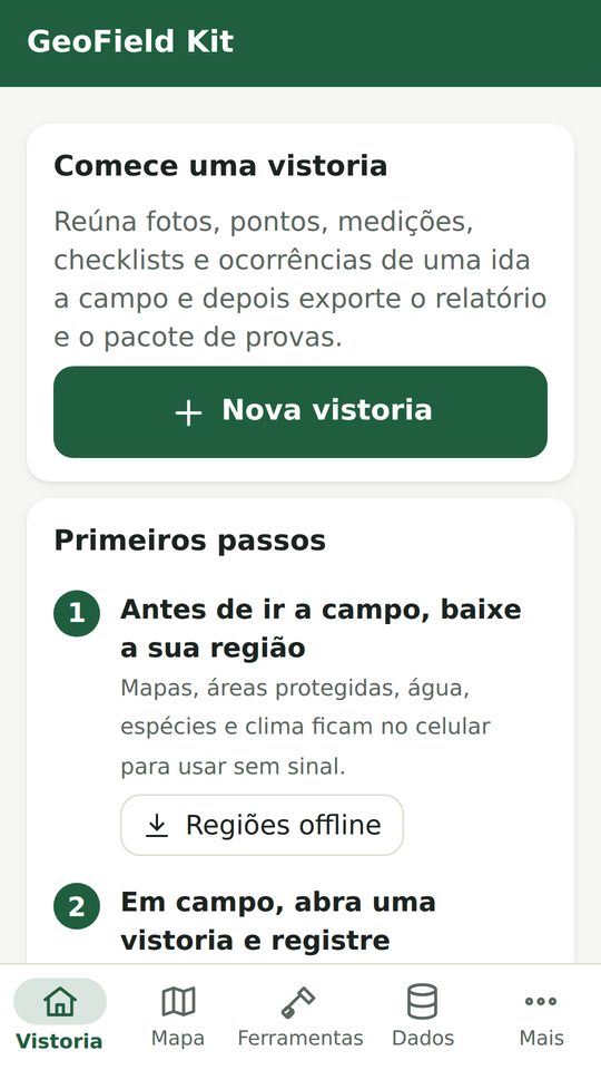 Tela inicial com a vistoria e os primeiros passos